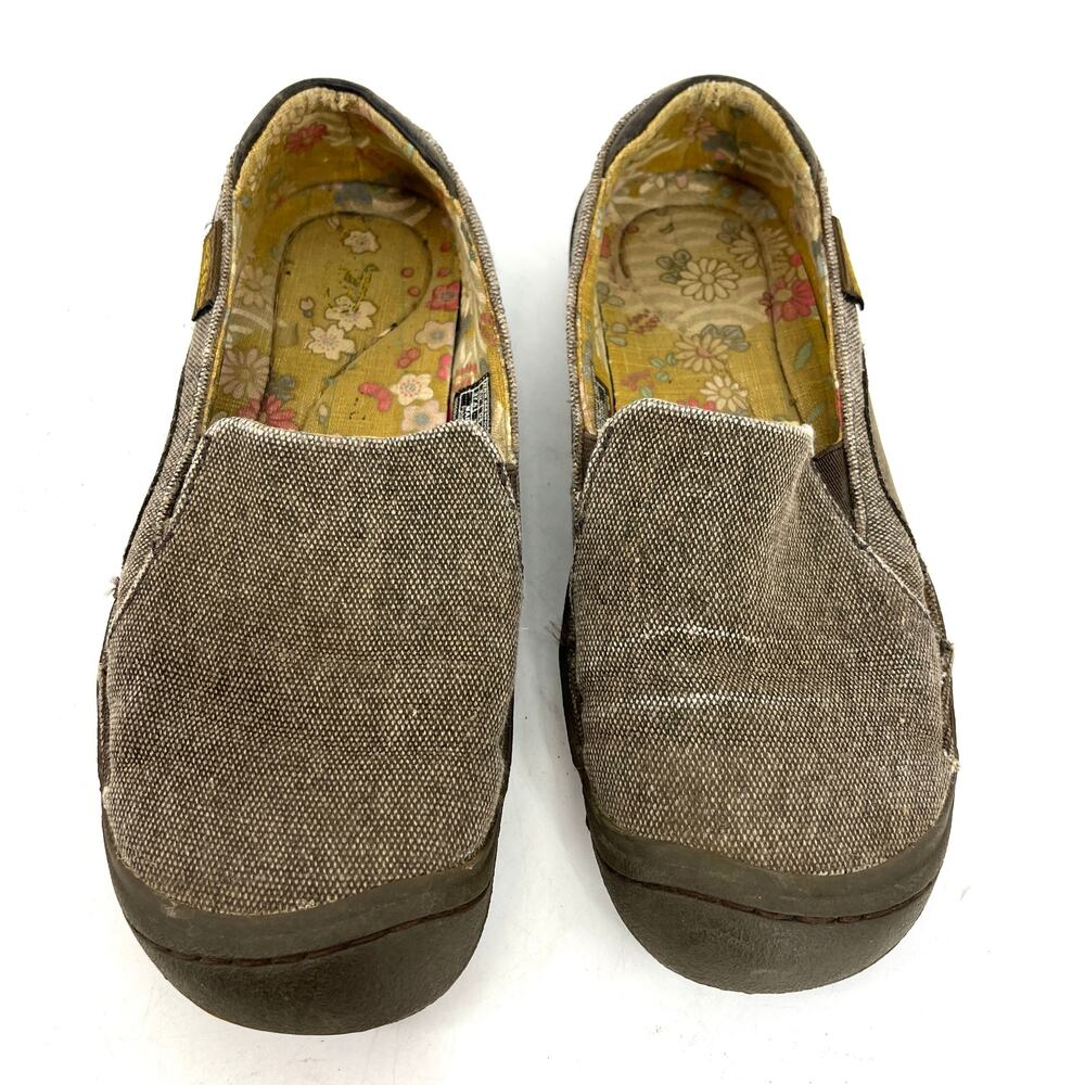 Keen Women's‎ 7 / 37.5 Gray Cush Golden Summer Canvas Leather Slip on Loafers - Picture 2 of 7